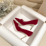 Wexleyjesus  Sexy 8cm High Heels with Pearl decoration Big Size Wedding Bridal Heels Elegant lady wine red sandal