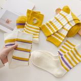 Wexleyjesus 5 Pairs Of Korean Autumn And Winter Yellow Striped Socks Cute Casual Pure Cotton Socks Women's Sports Warm Socks Set