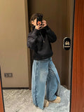 Wexleyjesus New Denim Blue Wide Leg Pants High Waist Fashion Blue Full Length Jeans 2000s Aesthetic Casual Trousers Split Hem Retro Trend