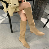 Wexleyjesus Cow Suede Winter Botas French Style Spring Autumn Woman Boots Square Toe Knee- High Boots Woman Slip On Simple Pleated  Shoes