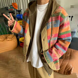 Wexleyjesus Mens Jacket Rainbow Stripes Contrast Color Casual Jacket Autumn Streetwear Personality Retro Ethnic Jacket Men'S Clothing 2024