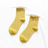 Wexleyjesus Korean Retro Plaid Lace Mid-tube Socks Girl Fungus Edge Color Lolita Cotton Socks Cute Socks  Socks Woman