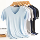 Wexleyjesus Fashion Summer Seamless Breathable Ice Silk T-Shirt Vest Men's Sports Short Sleeve T-shirt Ice Silk Solid Color V-neck M-5XL