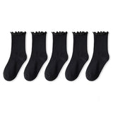 Wexleyjesus 5 pair /Lot Socks for Women Ruffle Cotton Middle Tube Ankle Short Breathable Black White set Spring Autumn