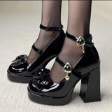 Wexleyjesus Punk Heart Buckle High Heels Pumps Women Autumn Y2K Black Chunky Platform Lolita Shoes Woman Bowtie Thick Heel Gothic Shoes