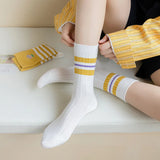 Wexleyjesus 5 Pairs Of Korean Autumn And Winter Yellow Striped Socks Cute Casual Pure Cotton Socks Women's Sports Warm Socks Set