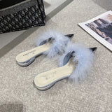 Wexleyjesus Pointy Mule Shoes Women's Fluffy  Summer Dress Elegant Slingback Sandals Party Slide Simple and Shallow Cut Style