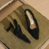 Wexleyjesus Black Fur Slingback Pumps Sandals Women Fashion Pointed Toe Shallow Slip-on Plush Pumps Ladies Elegant Evening Party Heel Shoes