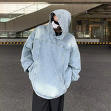 Wexleyjesus  Men Vintage Denim Hoodies Women Harajuku Hip Hop Casual Oversized Sweatshirts Fashion Loose Long Sleeve Pullover Coat