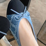 Wexleyjesus New Designer Blue Jeans Bow Flat Shoes Woman Round Toe Cloth Patchwork Flats Plaid Sewing Moccasins Denim Loafers for Women