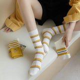 Wexleyjesus 5 Pairs Of Korean Autumn And Winter Yellow Striped Socks Cute Casual Pure Cotton Socks Women's Sports Warm Socks Set