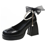 Wexleyjesus Ankle Strap Platform Pumps for Women Super High Heels Patent Leather Mary Jane Shoes Woman Lace Bowknot Dress Shoes Ladies