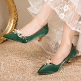 Wexleyjesus  Flowers Pointed Toe Pumps for Women New Green Silk Low Heels Shoes Woman Slip on Thin Heeled Lady Shoes Green Party Shoes