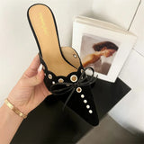 Wexleyjesus Rivet High Heel Slippers Women Bow Pointed Pumps Women Fashion Designer Mule Shoes Suede Stiletto Heel Slingback Sandals Female