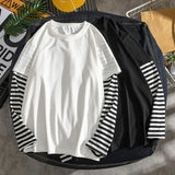 Wexleyjesus  T-Shirts Fake Two Piece Set Striped Long Sleeve O Neck Simple Casual Spring Top Tee Shirts For Men School