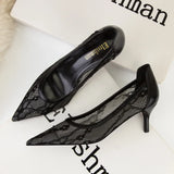 Wexleyjesus 6cm New Fashion High Heels Female Pumps Pointed Toe with Hollow Mesh Women Black Shoes 40 41