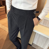 Wexleyjesus  New Spring Autumn High Waist Smart Casual Dress Pants Men Belt Design Slim Suit Pants Formal Wedding Social Party Mens Trousers