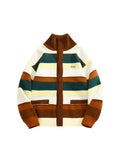 Wexleyjesus American Retro Color Striped Knitted Cardigan Clothing Autumn High Neck Casual Youth Fashion Men and Women Sweater Coat