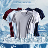 Wexleyjesus Fashion Summer Seamless Breathable Ice Silk T-Shirt Vest Men's Sports Short Sleeve T-shirt Ice Silk Solid Color V-neck M-5XL