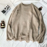 Wexleyjesus American Lazy Streetwear Men Wind O-neck Knitted Ripped Sweater Retro Couple Loose Pullovers Men Knitwear Hole Sweaters E91