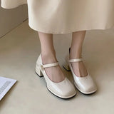 Wexleyjesus Pearl Square Heels Shoes for Women Chunky Beige with Medium Normal Leather Casual Japanese Style Lolita Toe Gothic Mary Jane L A