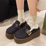 Wexleyjesus Fur Shoes Woman's Slippers Heeled Mules On A Wedge Platform Slides Winter Footwear Cover Toe Plush 2024 High Shoes Woman 2024 