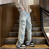 Wexleyjesus Harajuku Muti-pockets Cargo Jeans Men's Washed Patchwork Straight Casual Trousers Couple Streetwear Loose Fashion Pants