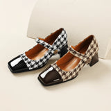 Wexleyjesus 2024 New Women Retro Houndstooth Mary Janes Pumps Patent Leather Buckle Strap Block Thick Heeled Shoes Ladies Dress Spring 33-48