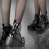 wexleyjesus  Rivets Decor Chunky Platform Punk Ankle Boots WomenWinter Pu Leather Black Boots Woman Metal Buckle Gothic Shoes