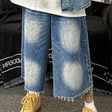 Wexleyjesus Spring Summer Raw Edge Denim Short-sleeved Shirt Jeans Suit Fashion Oversize Loose Casual High Street Personalized Top Trousers