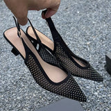 Wexleyjesus Rhinestone Mesh Heeled Sandals Women Shoes Pointed Toe Transaprent Black Elegant Pumps Summer Party Luxury Ladies Shoes 2024