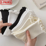 Wexleyjesus 5 pair /Lot Socks for Women Ruffle Cotton Middle Tube Ankle Short Breathable Black White set Spring Autumn