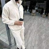 Wexleyjesus Casual Mens Two Piece Sets Streetwear Fashion Solid Color Slim Zipper Lapel Jacket And Pants Two Piece Suits Men Stylish Outfits