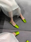 Wexleyjesus  - New  Green Elegant Silk Fabrics  Women Slippers Special Fashion Style Low Heels Square Toe Fashion Outwear Shallow Shoes