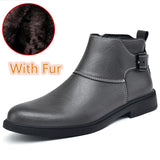 Wexleyjesus British Style Chelsea Boots for Men Side Zipper Leather Man Ankel Boots Slip on Business Dress Shoes Warm Plush Fur Winter Boots