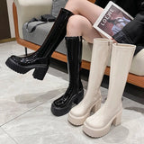 Wexleyjesus Chunky Heel Platform Long Boots for Women Black Patent Leather Knee High Boots Woman Winter Thick High Heels Punk Shoes