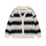 Wexleyjesus Striped Plush V-neck Sweater Women's Loose Casual Brushed Knit Trendy Couple Versatile Comfortable Harajuku High Street Cardigan