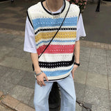 Wexleyjesus Fashion Knitted Vest Y2k Streetwear Trend Hollow Sleeveless Top Men's Striped Contrast Color Loose Tank Tops Genderless Clothing