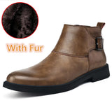 Wexleyjesus British Style Chelsea Boots for Men Side Zipper Leather Man Ankel Boots Slip on Business Dress Shoes Warm Plush Fur Winter Boots