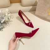 Wexleyjesus  Sexy 8cm High Heels with Pearl decoration Big Size Wedding Bridal Heels Elegant lady wine red sandal