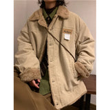 Wexleyjesus Winter Velvet Thick Lamb Cotton Coat Men's Jacket Loose Corduroy Turndown Collar Long Sleeves Single-breasted Tops Pocket Parkas