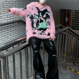 Wexleyjesus Mens Y2k American Street Pink Graffiti Knitted Sweater Genderless Autumn Winter Fashion Casual Lazy Style Plush Top Unisex