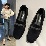 Wexleyjesus    Autumn Winter Women Loafers Low Heels Boat Shoes Square Toe Dress Shoes Chain Faux Suede Plush Warm Ladies Shoes Plus Size