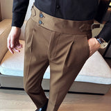 Wexleyjesus  New Spring Autumn High Waist Smart Casual Dress Pants Men Belt Design Slim Suit Pants Formal Wedding Social Party Mens Trousers