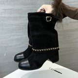 Wexleyjesus 2025 Luxury Metal Chain Decorative Women's Boots Fashion Chunky Heel Suede Mid-calf Boots for Women High Heel Pantyhose Boots