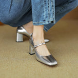 Wexleyjesus Simple Shoes On Heel 5CM Korea Style Patent Leather Silver PumpsThick Heels Spring Autumn Buckle Pumps Womens 2024 Shoes