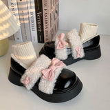 Wexleyjesus Winter Women Warm Platform Fur Shoes Butterfly-knot Decoration Lolita PU Leather Round Head Retro Chunky Casual Cute Shoes 35-40