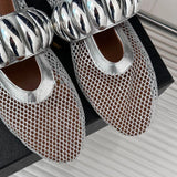 Wexleyjesus Fashion Mesh Flat Sandals Women Hollow Designer Sandals Female Metal Buckle Rivet Ballet Round Head Breathable Mesh Pumps Women