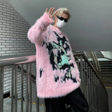 Wexleyjesus Mens Y2k American Street Pink Graffiti Knitted Sweater Genderless Autumn Winter Fashion Casual Lazy Style Plush Top Unisex