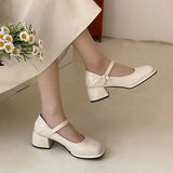 Wexleyjesus Pearl Square Heels Shoes for Women Chunky Beige with Medium Normal Leather Casual Japanese Style Lolita Toe Gothic Mary Jane L A